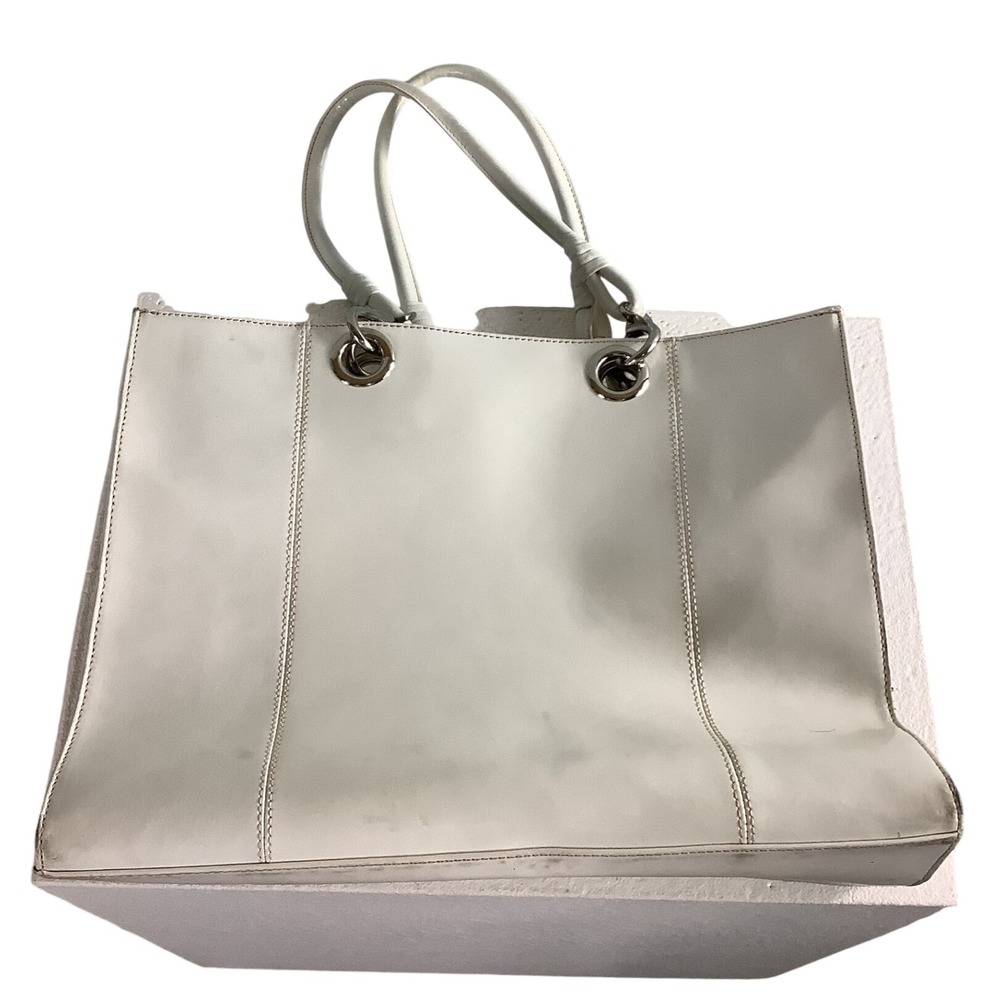 Wilsons Leather White Tote Bag Silver Grommet Leopard Print Lining Large Handbag